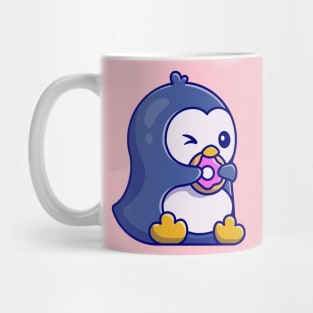 Cute Penguin Eating Doughnut Cartoon Mug